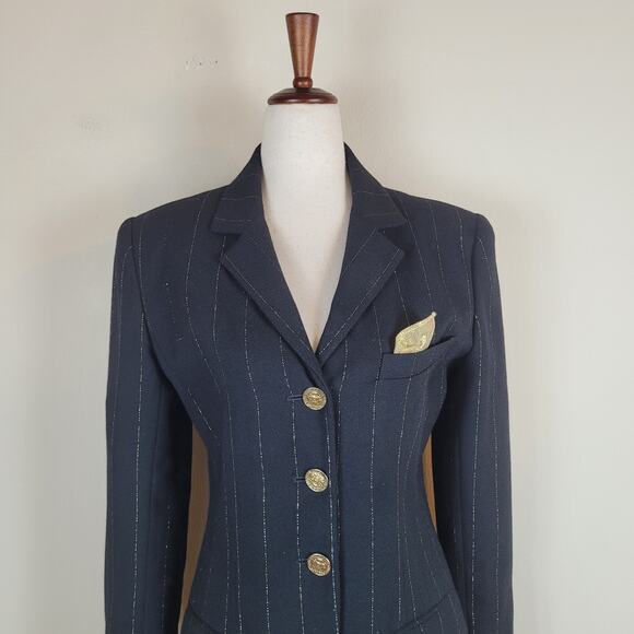 VTG Rickie Freeman Teri John Blazer Jacket 2 Black Wool Pinstripes Gold Longline - Picture 2 of 16